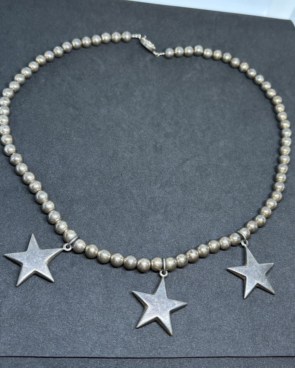 Vintage Sterling Silver Chinese Export Bead Star Pendant Necklace 20” 37.6 Gram